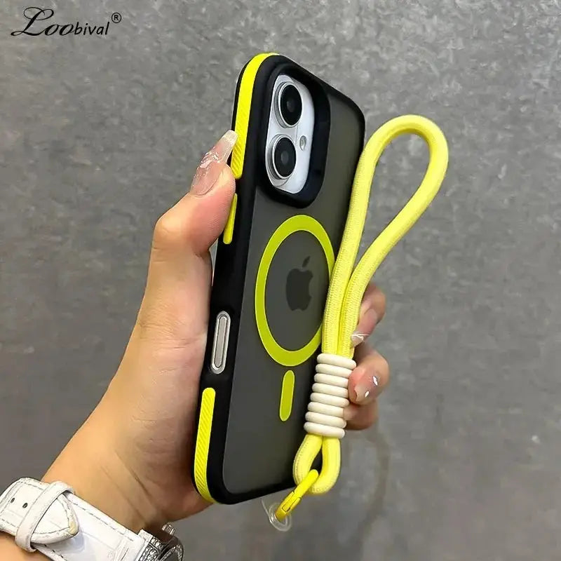 Simples Market MagSafe case with neon yellow wrist strap for iPhone 16/15/14/17 Pro Max, black matte cover