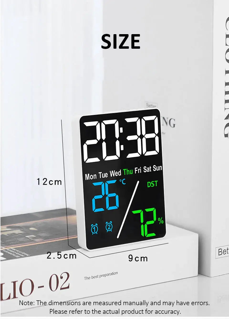 Multifunctional large-screen digital alarm clock with humidity display, white desk clock