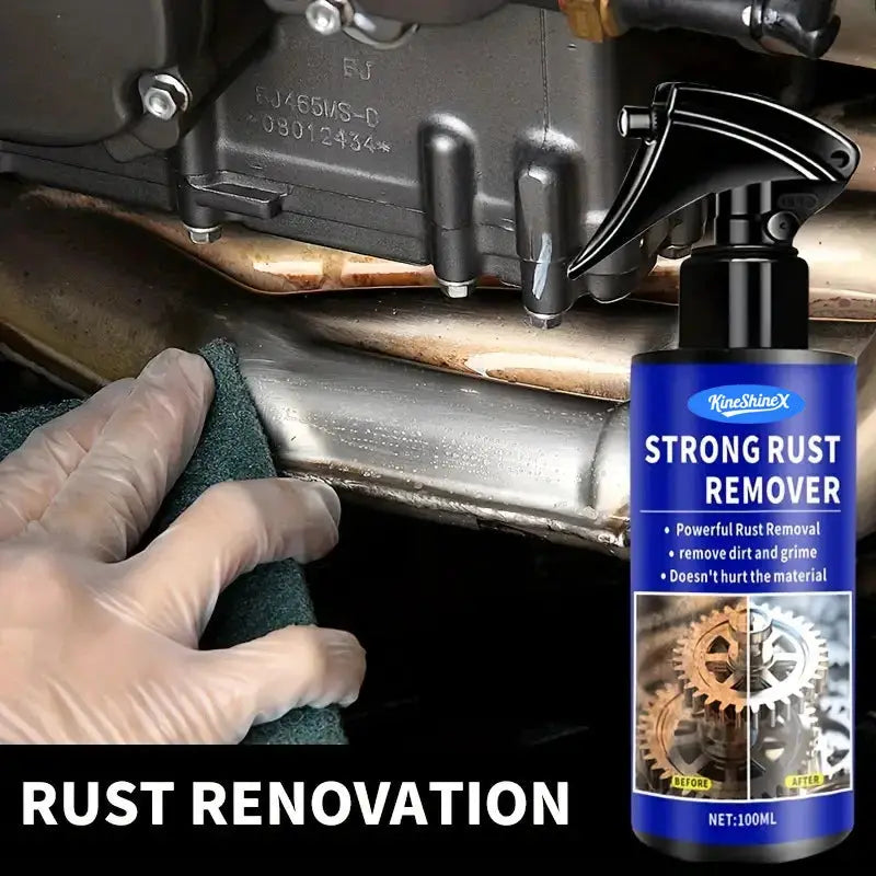 Blue KineShineX Strong Rust Remover spray bottle with a gloved hand cleaning rust from automotive exhaust.