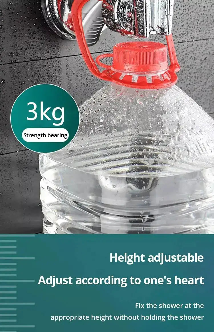 Adjustable shower rack with red suction-cup base for handheld shower head; 3kg capacity