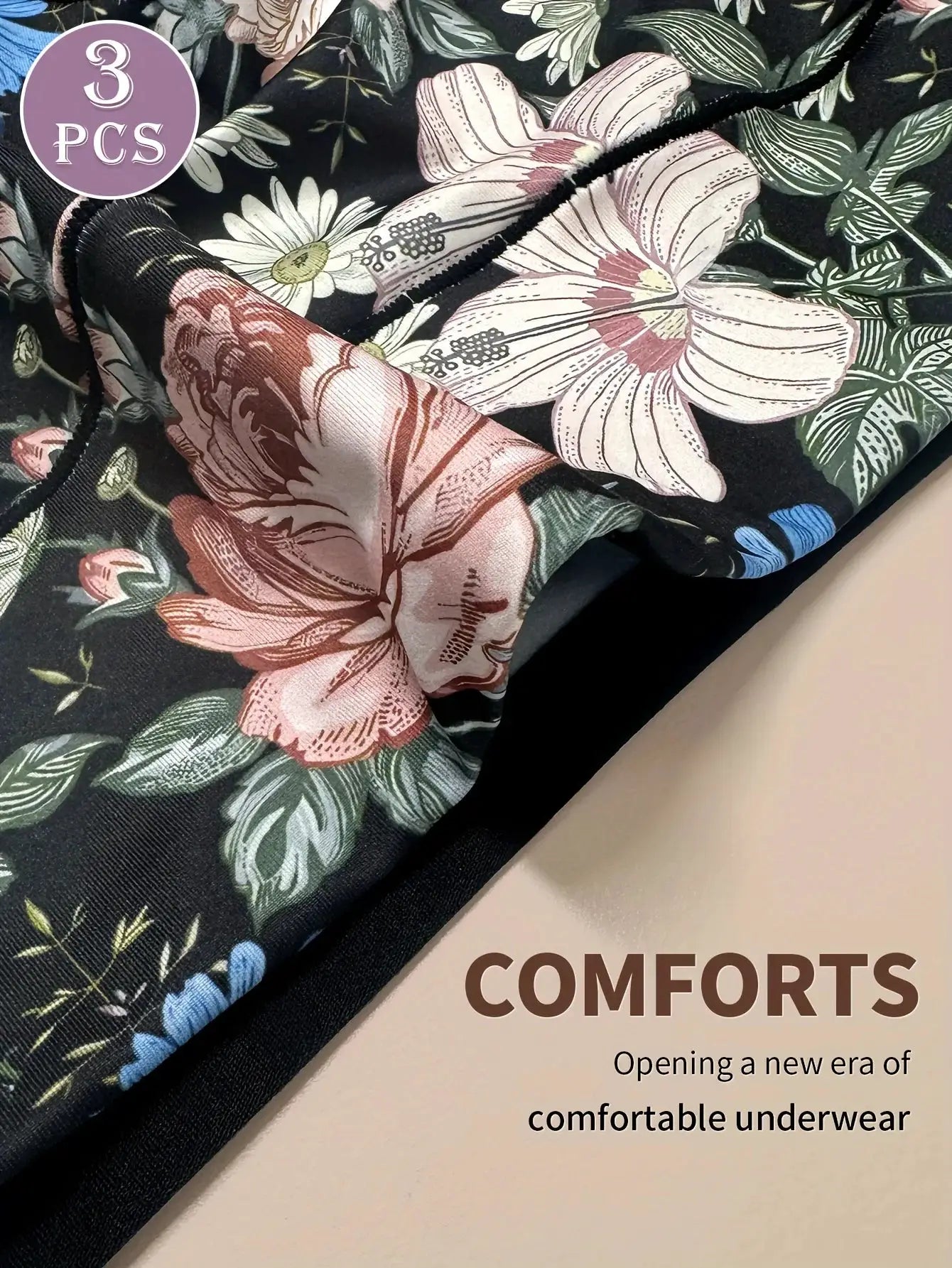 Floral print high-waisted panties, 3 pcs, Simples Market, tummy tightening and hip lifting, comfortable fit