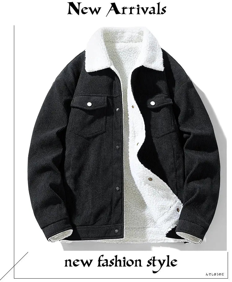 Men's black corduroy jacket with white sherpa lining