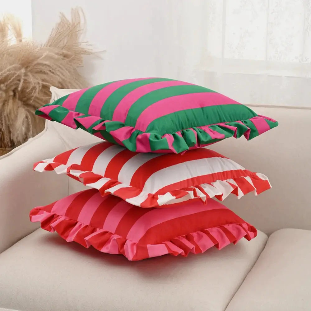 Striped lace velvet pillowcases, 18x18, 3-piece stack in green/pink, red/white, and pink with ruffles.