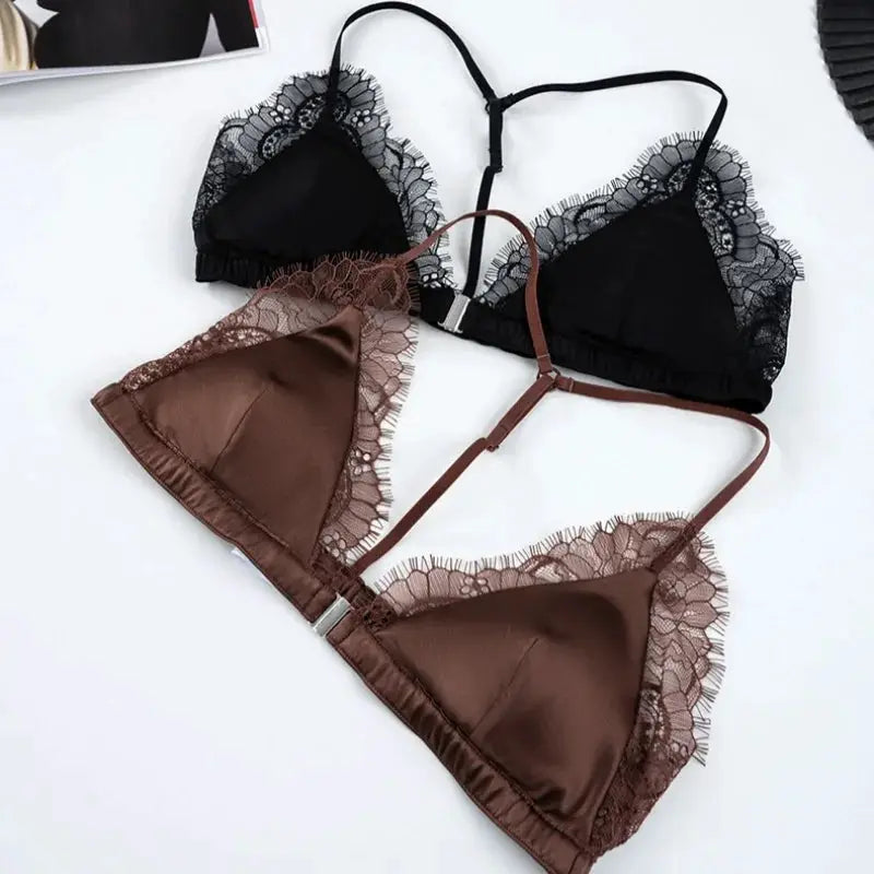 Birdtree lace bralette set, two pieces in black and brown, wireless triangle cups with front closure