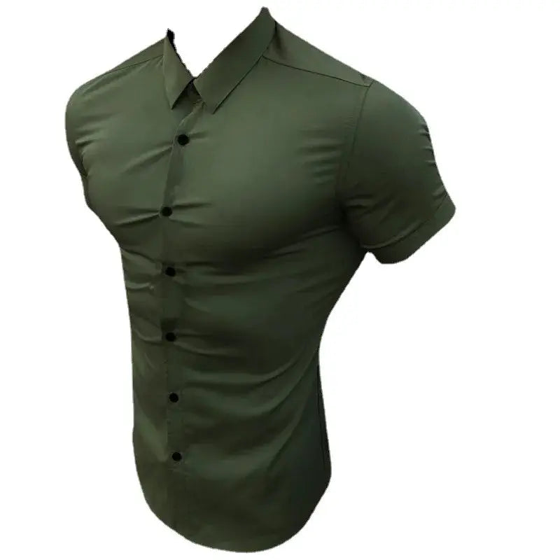 Slim-fit men's short-sleeve dress shirt in olive green, casual formal style
