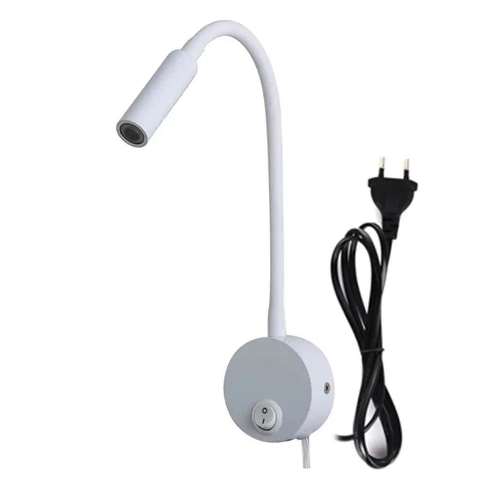 White LED flexible gooseneck wall lamp with round base, switch, and power cord