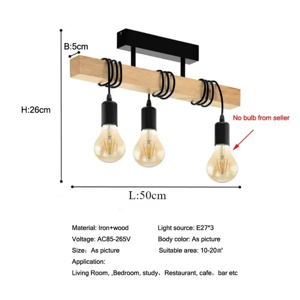Retro wooden beam chandelier with three Edison bulbs and black metal sockets