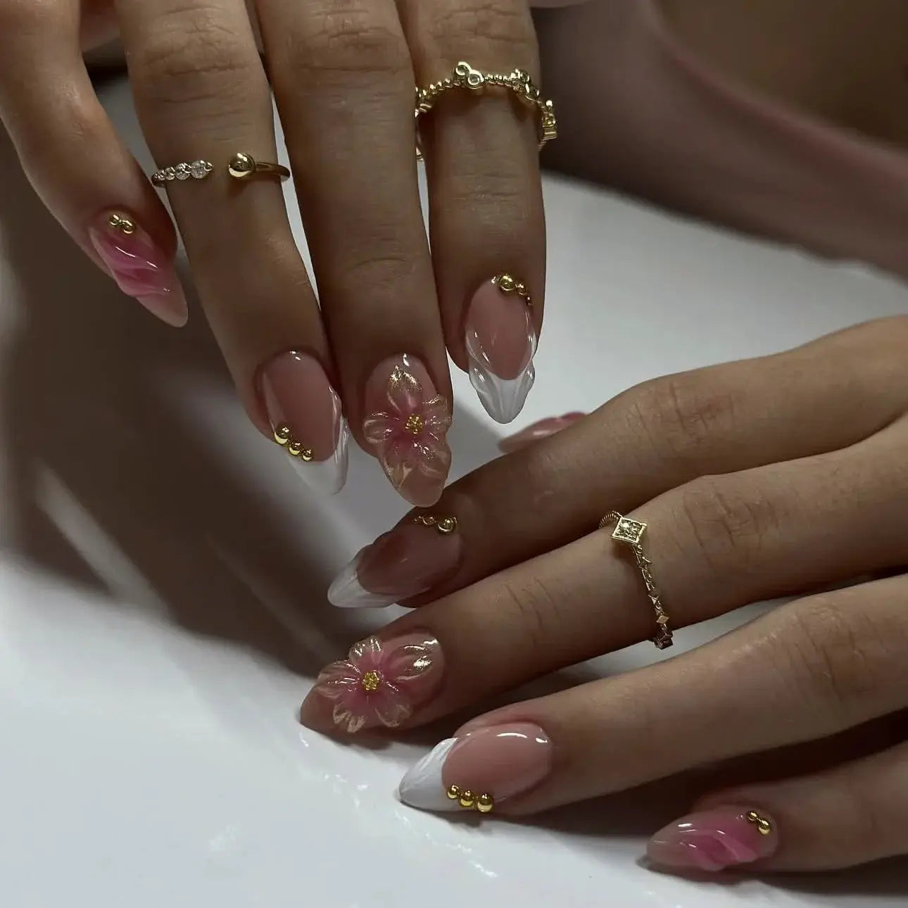 GlamNail Pink Almond Press On Nails Full Coverage Carved Flower 3D Ripple French Tips Golden Pearl Finish