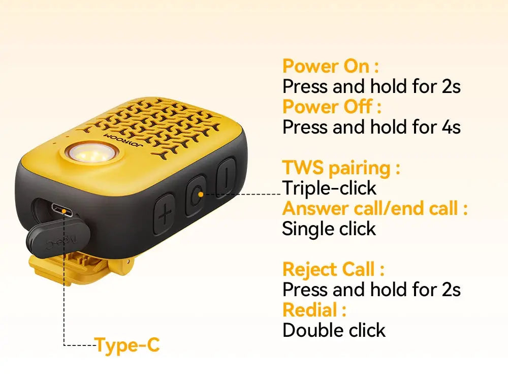 Joyroom wearable Bluetooth speaker clip-on, yellow with black shell, IP67 waterproof