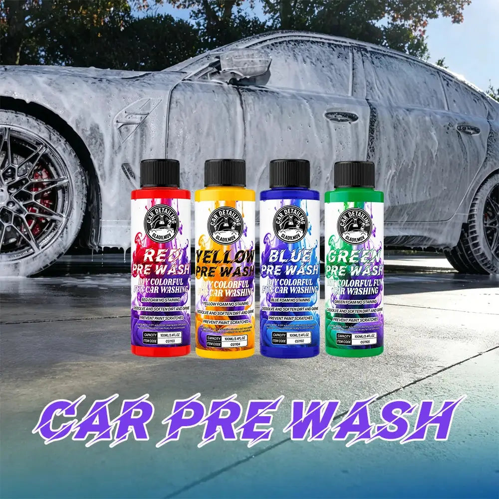 Simples Market car pre-wash foam shampoo set in red, yellow, blue, green bottles; four colorful auto detailing cleaners.