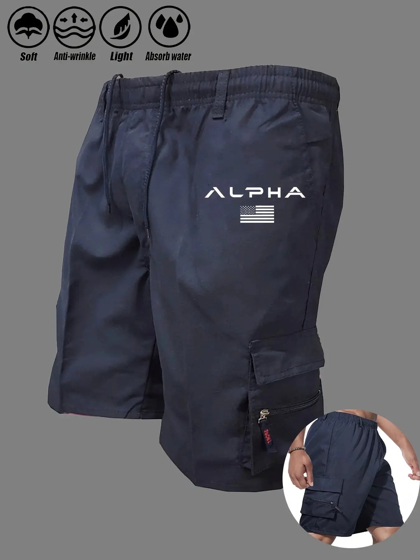 American flag printed cargo shorts, navy, ALPHA logo, multi-pocket design by Simples Market