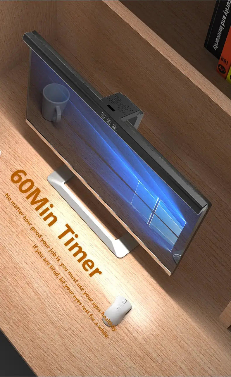Black 50cm monitor light bar mounted above a computer monitor with USB power and stepless dimming.