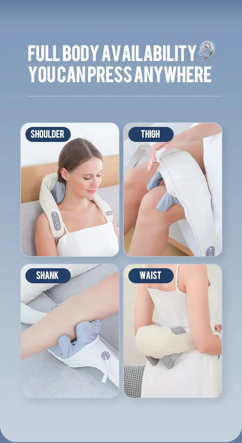 Foreverlily 26W wireless neck and shoulder massager shawl in beige with control panel; shown on shoulder and waist