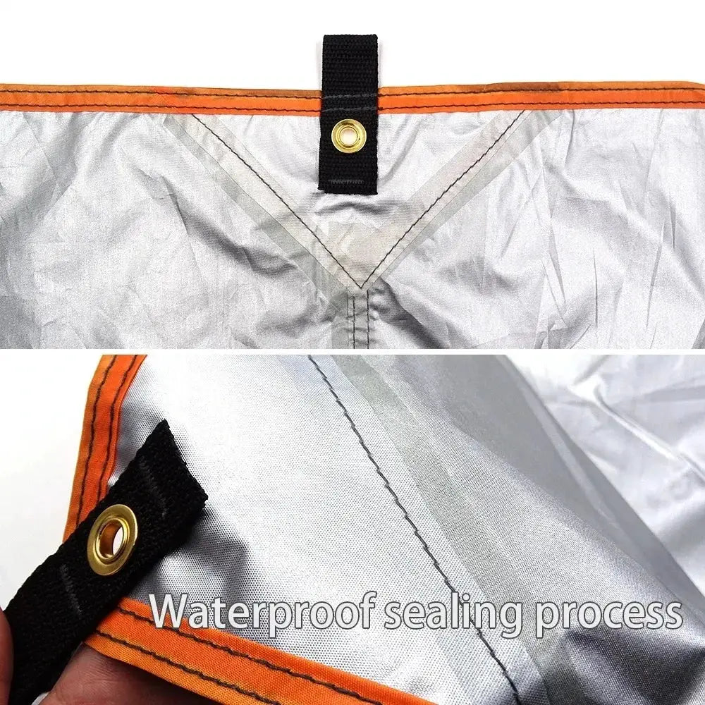 Ultra light canvas canopy sunshade by Simples Market; silver fabric with orange trim and brass grommet