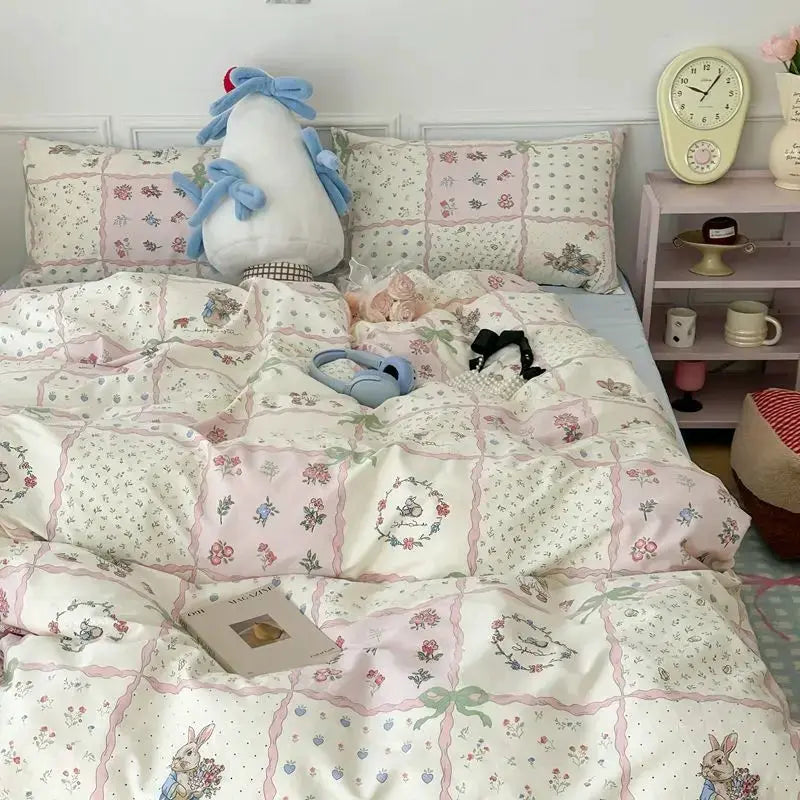 Pink floral bedding set with duvet cover, flat sheet and pillowcases