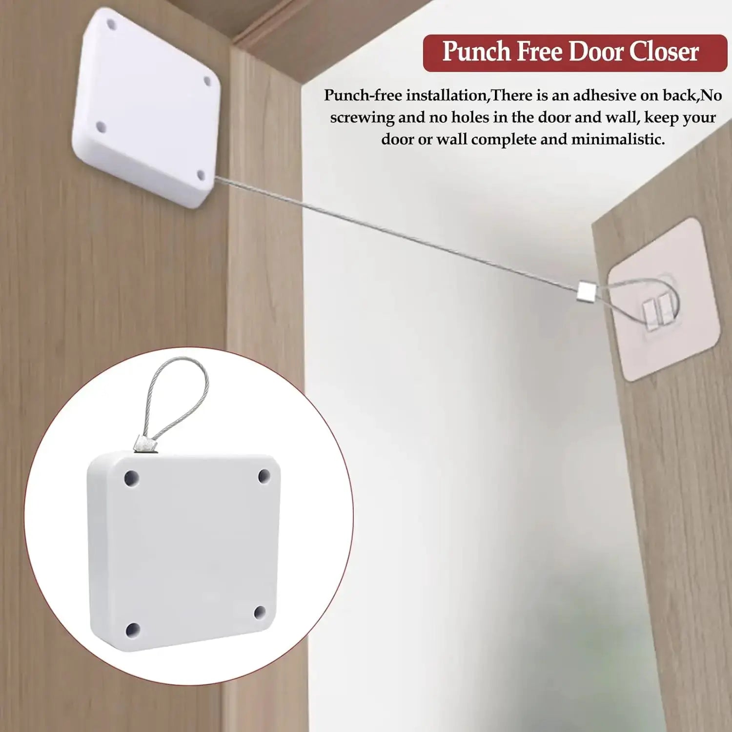 Punch-free automatic sensor door closer in white; surface-mounted with pull-cord for residential or commercial doors.