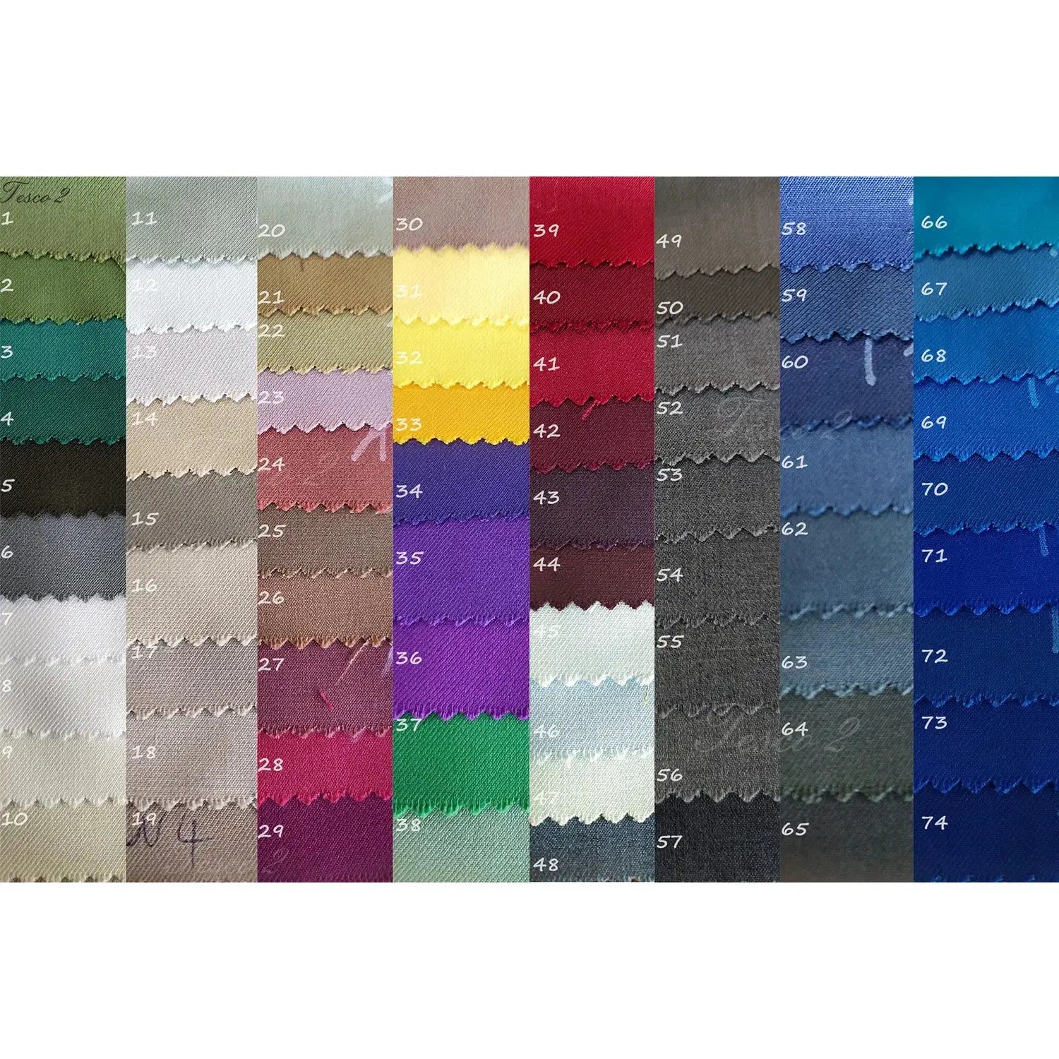 Women's suit fabric color swatch chart with numerous blazer and pants color samples