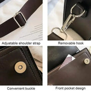Simples Market women's black PU leather crossbody bag with adjustable strap and front pocket.