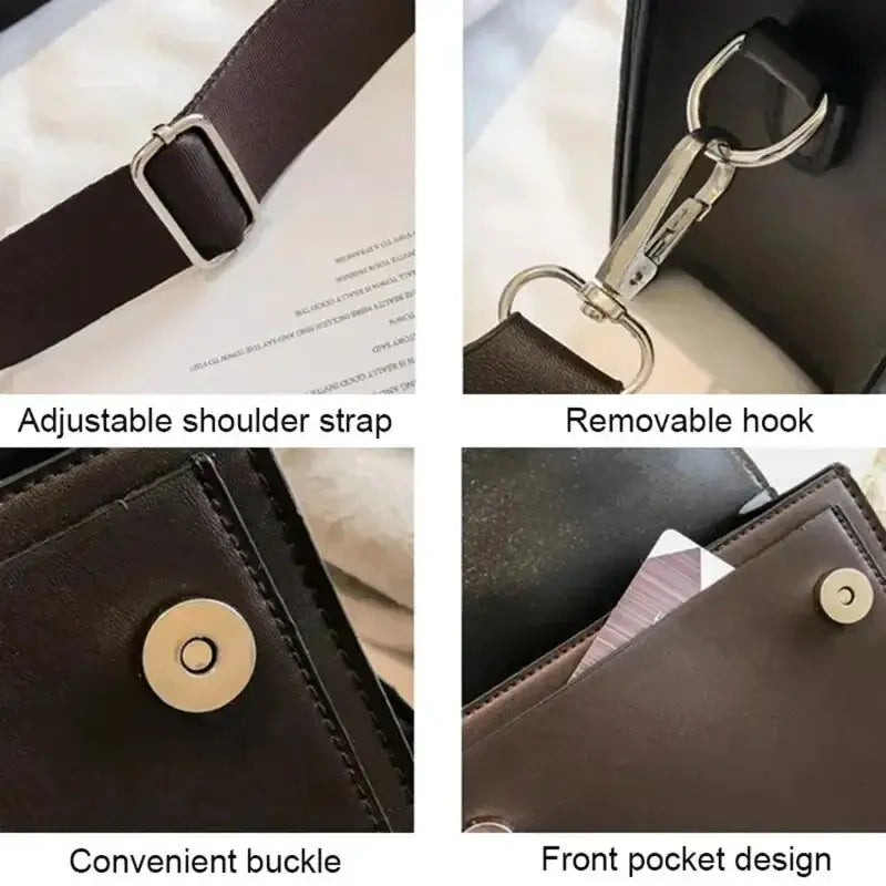 Simples Market women's black PU leather crossbody bag with adjustable strap and front pocket.