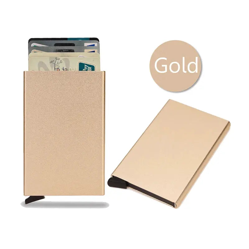 Gold aluminum RFID card holder; minimalist mini wallet set of 2 with cards visible