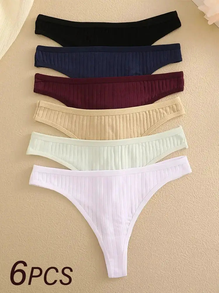 6-pack ribbed cotton thongs for women, low-rise, multi-color set
