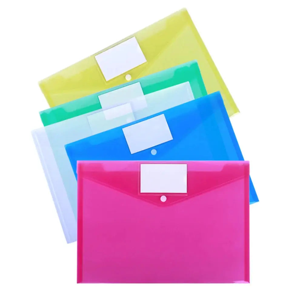 A4 waterproof large-capacity transparent file folders set of 5 in pink, blue, light blue, green, and yellow.