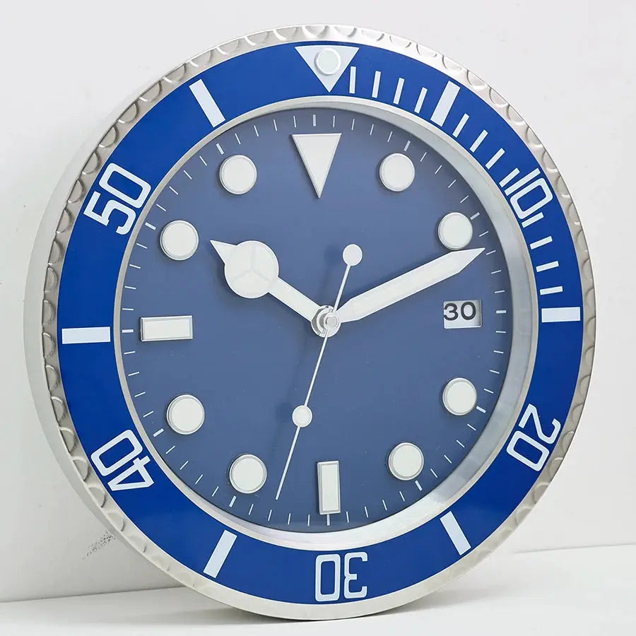 Wall clock 34cm blue-dial metal with silver bezel and date window