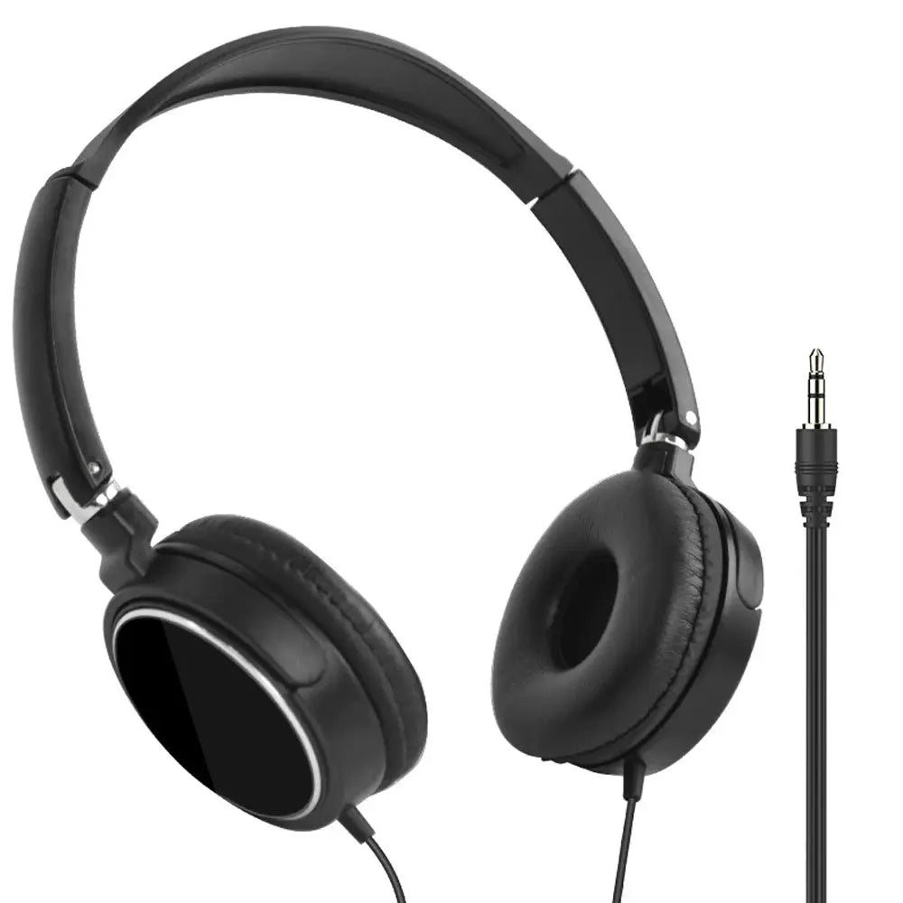 Headset, black wired over-ear with foldable design and 3.5mm jack.