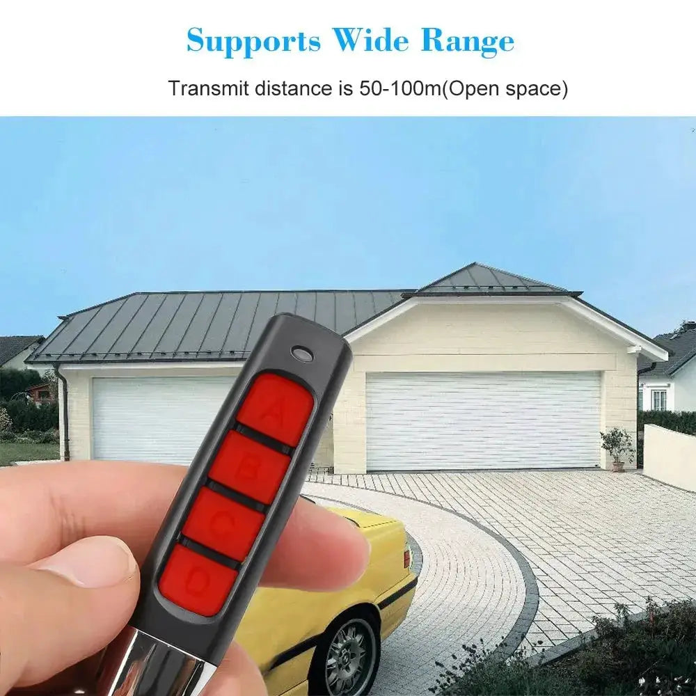 Black 433MHz garage door remote with four red buttons labeled A, B, C, D