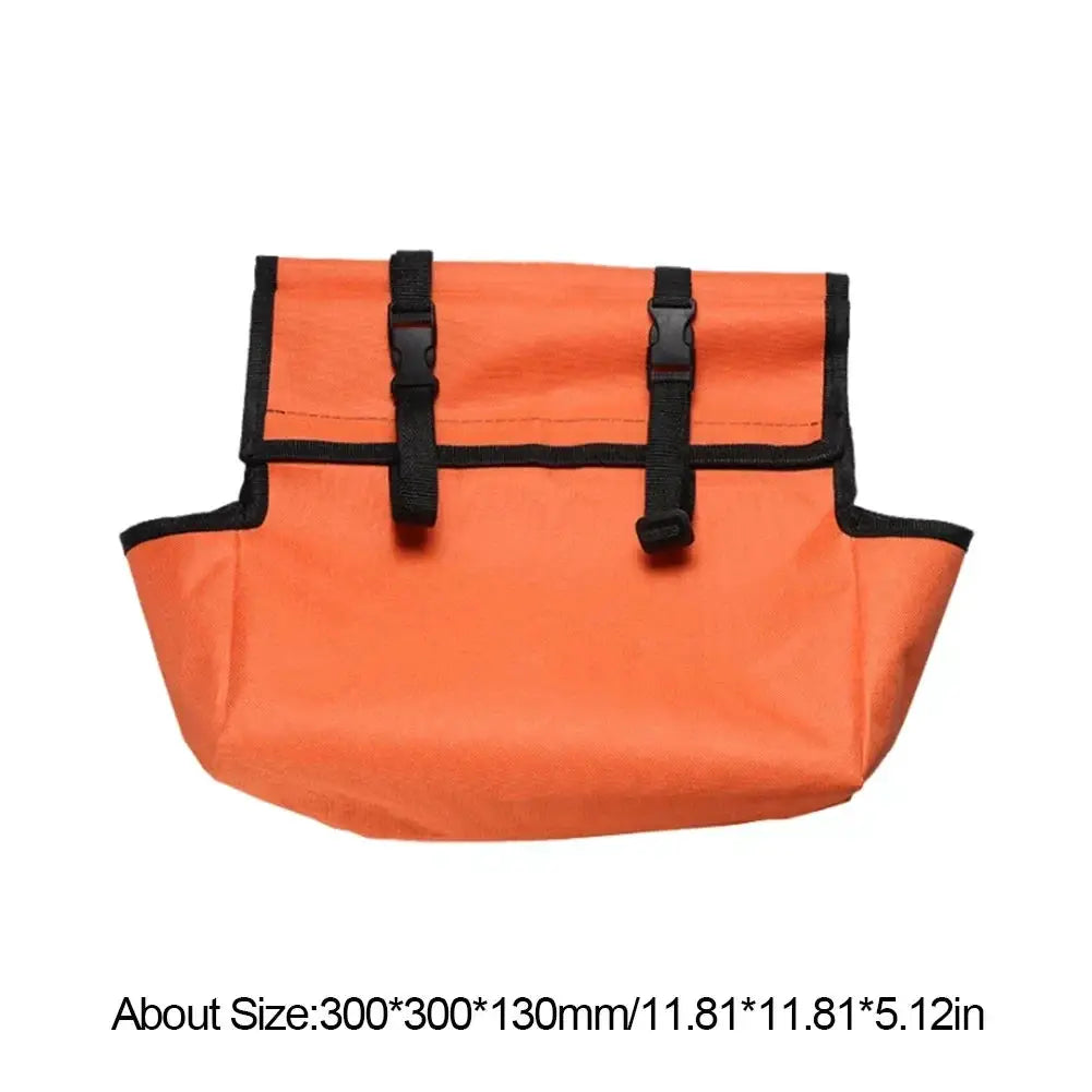 Portable folding ladder tool storage bag in orange Oxford cloth with black straps and buckles for workshop use