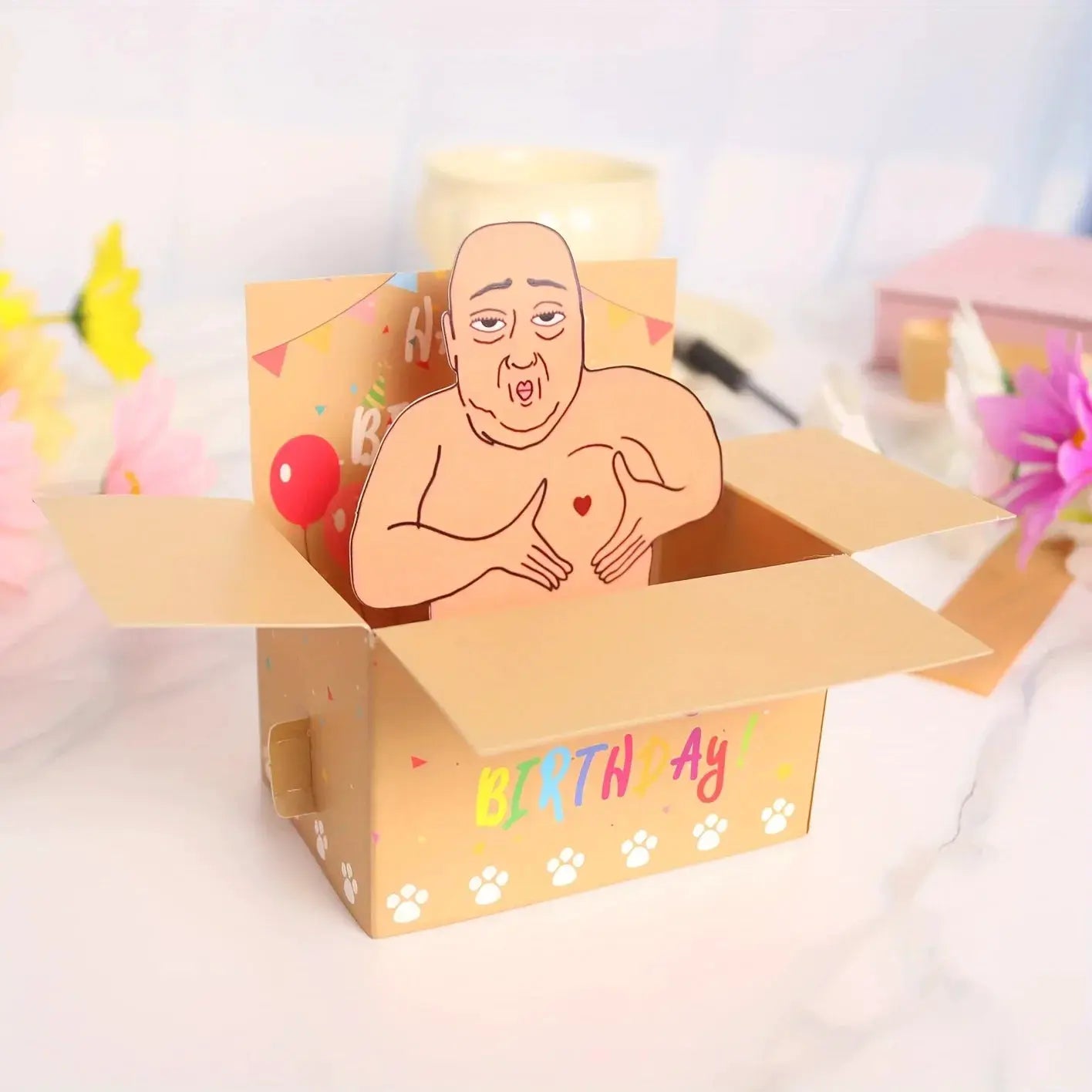 One Piece Hilarious Birthday Pop Up Card With Humorous 3D Character Design Featuring Heart Balloons And Confetti