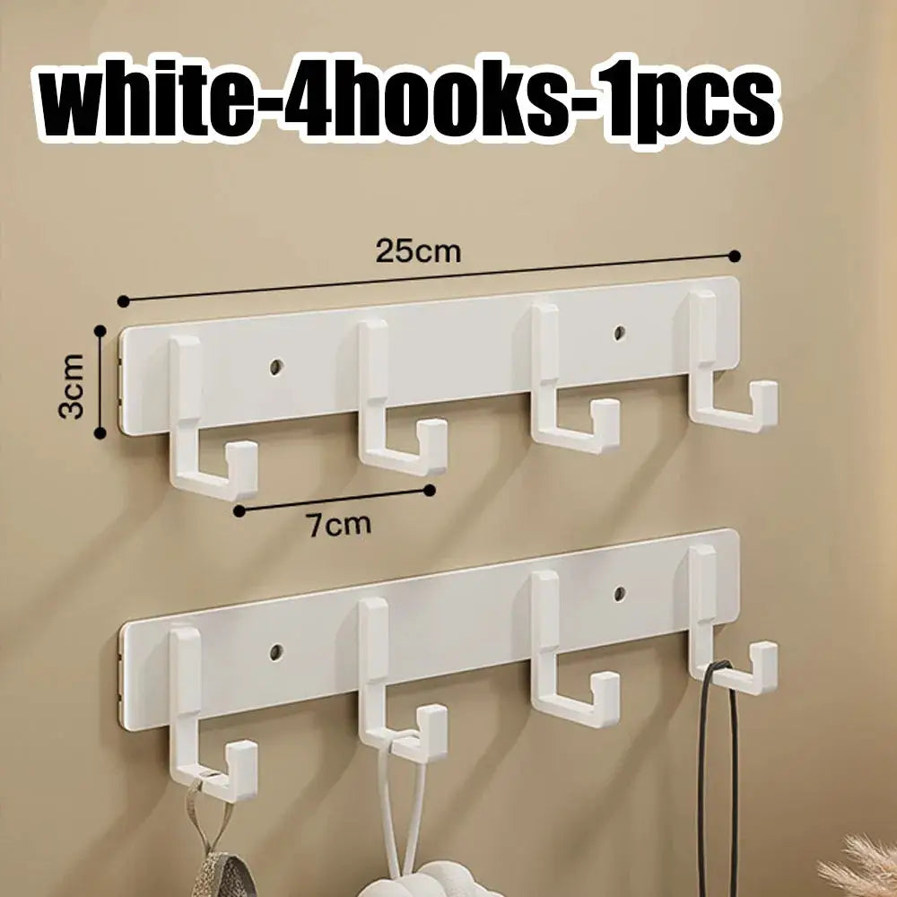 Two white aluminum punch-free hook racks with four hooks each for kitchen and bathroom storage