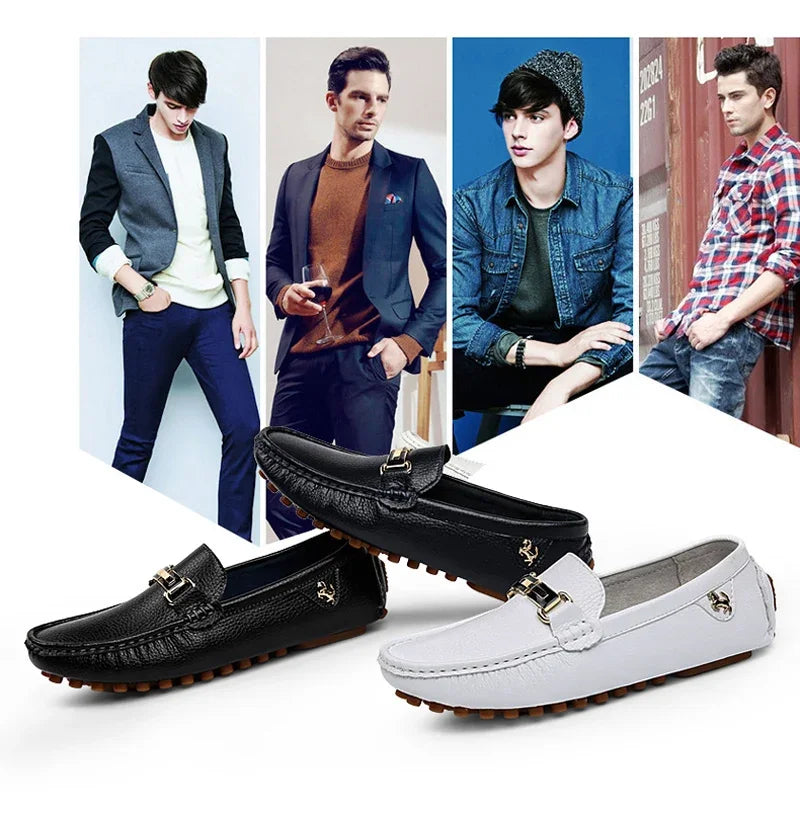 YRZL men's PU leather loafers; black and white slip-on driving moccasins with buckle detail