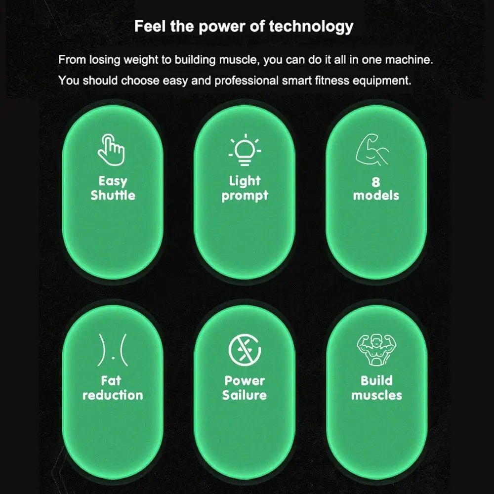 USB rechargeable abdominal muscle trainer by Simples Market; six green oval panels with icons and feature labels