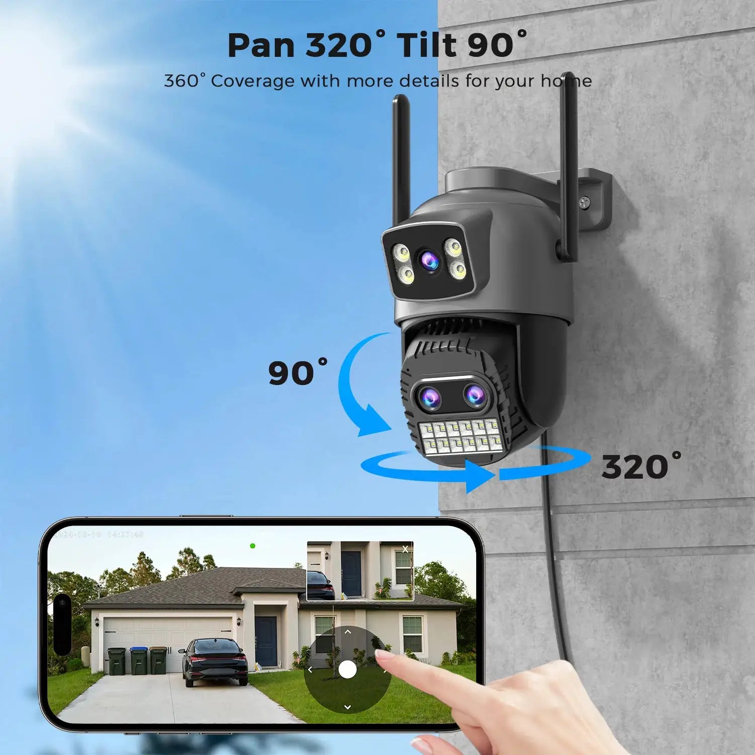 BESDER outdoor PTZ WiFi security camera with gray housing and mobile app view