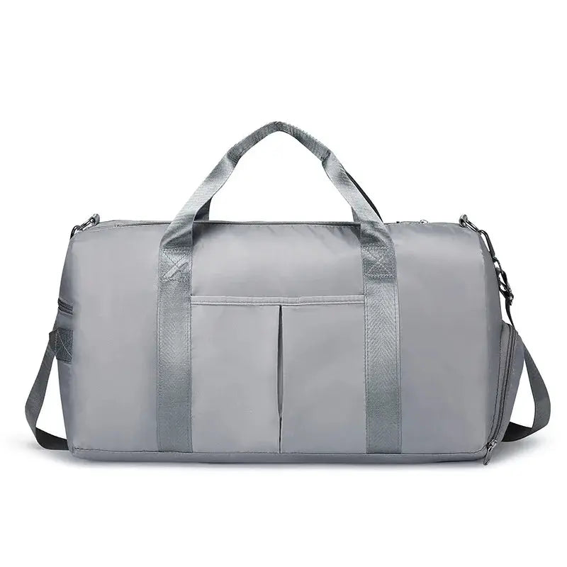 Simples Market gray fitness duffel bag with dual top handles and adjustable shoulder strap