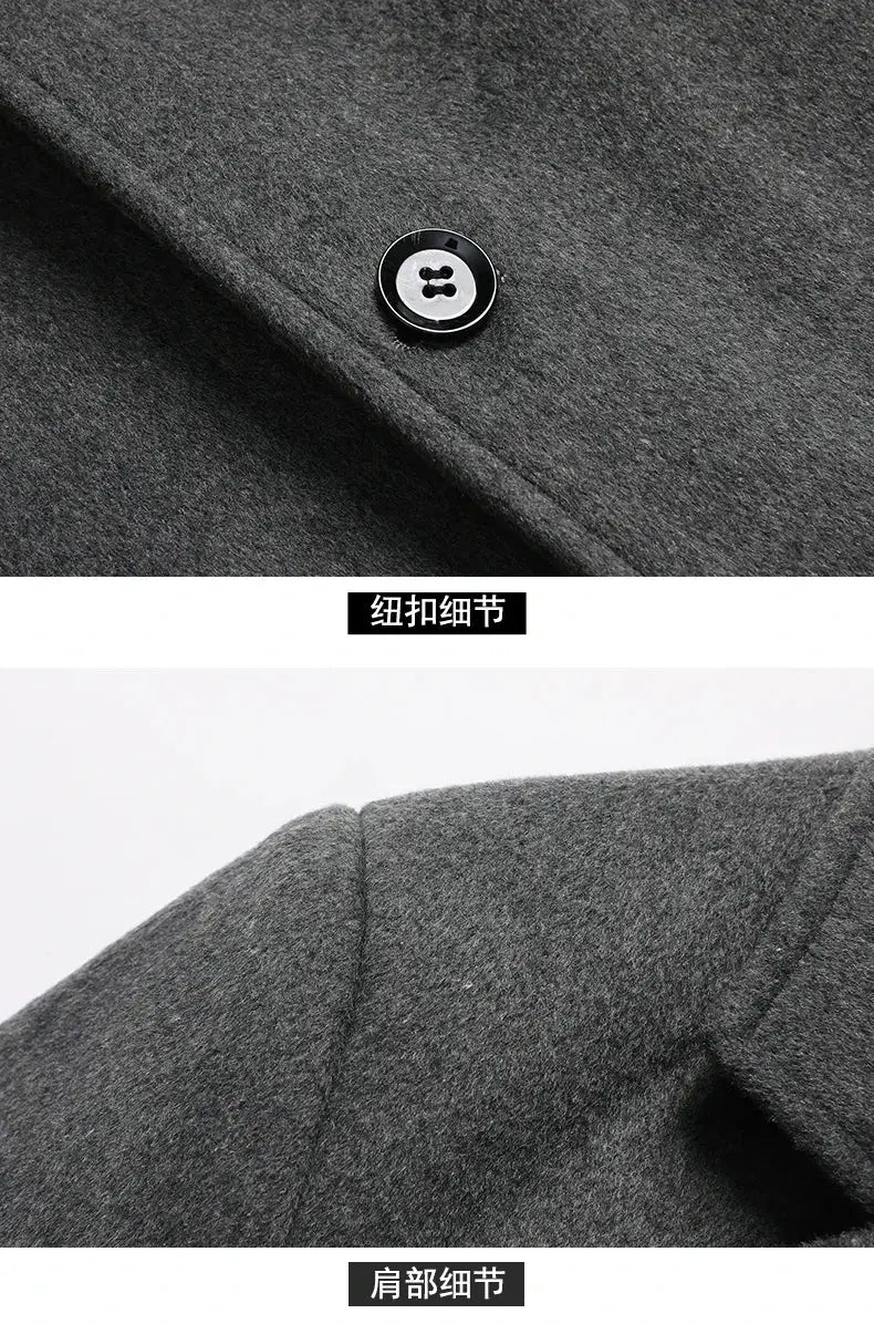 Men's long gray wool coat by Simples Market; close-up showing button detail and shoulder seam on textured wool fabric.