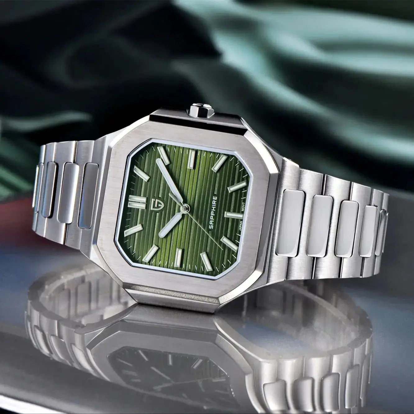 Pagani Design men's quartz watch, 37mm green striped dial, 316L stainless steel case/bracelet, sapphire crystal, 10 bar