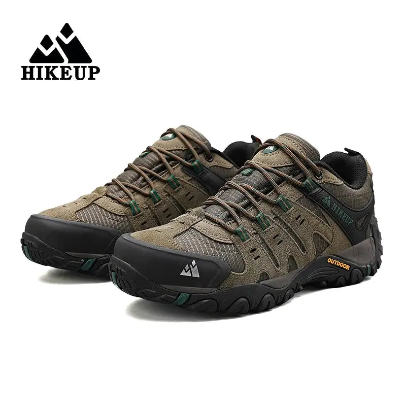HIKEUP men's hiking shoes pair in brown suede leather, outdoor wear-resistant trekking footwear