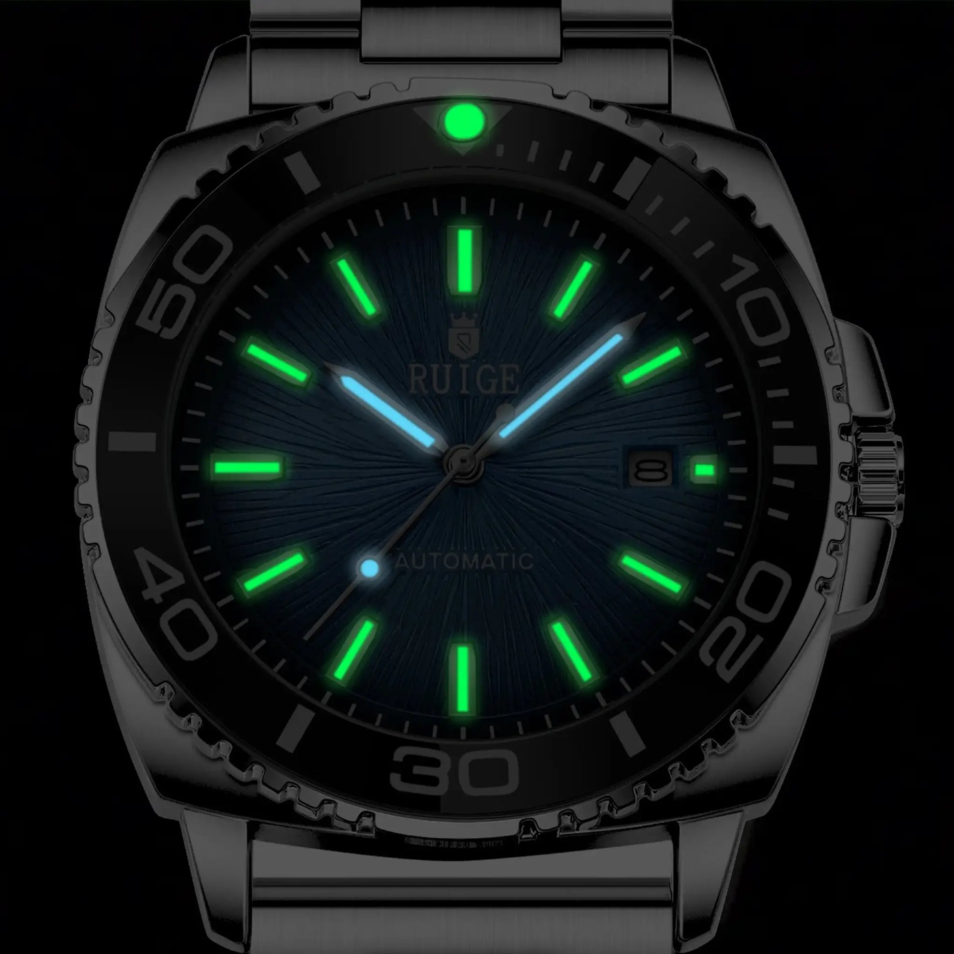 RUIGE men's stainless steel automatic watch with luminous green markers and calendar date window