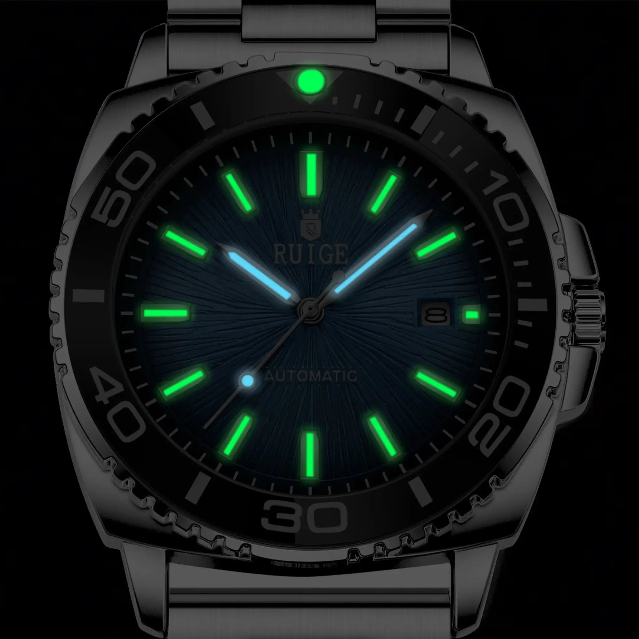 RUIGE men's stainless steel automatic watch with luminous green markers and calendar date window
