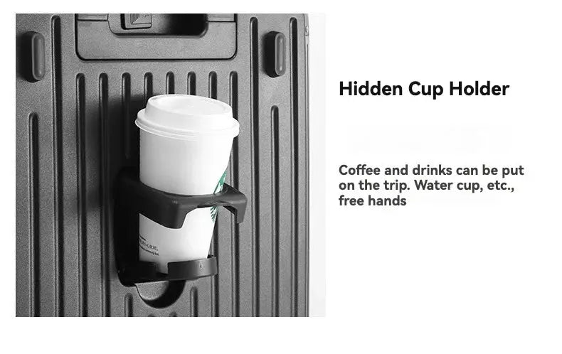 Suitcase with hidden cup holder; black carry-on luggage holding a coffee cup.