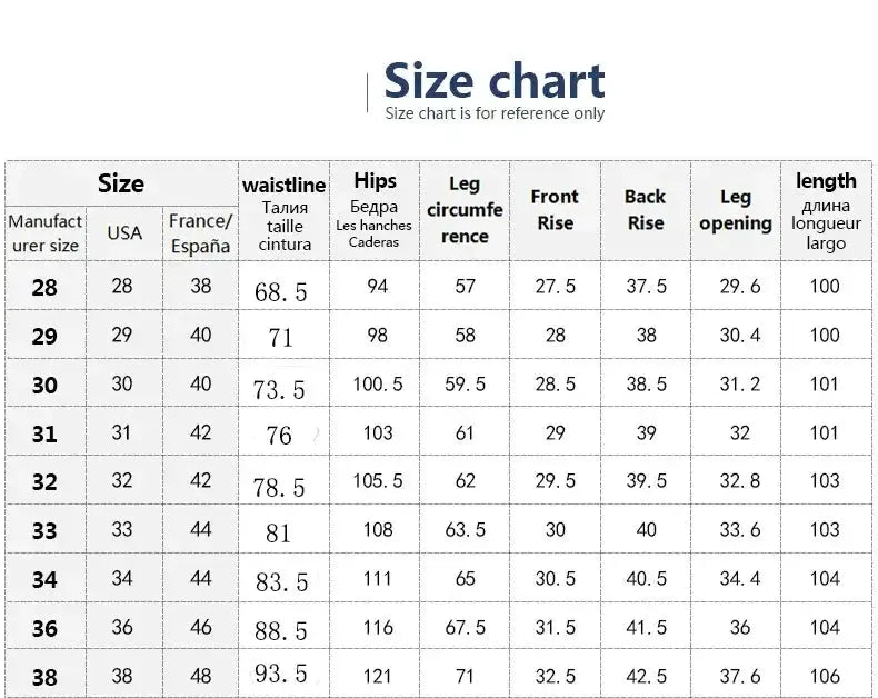 Men's stretch-cotton trousers size chart by Simples Market detailing waist, hips, leg circumference, rises and length.