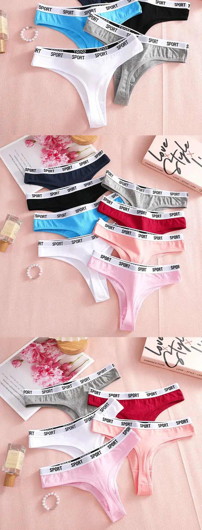 FINETOO 4-pack cotton thongs for women with SPORT waistband in assorted colors