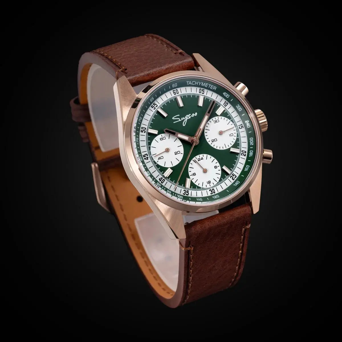 Sugess men's 38mm chronograph wristwatch with green dial, white subdials, rose-gold case and brown leather strap