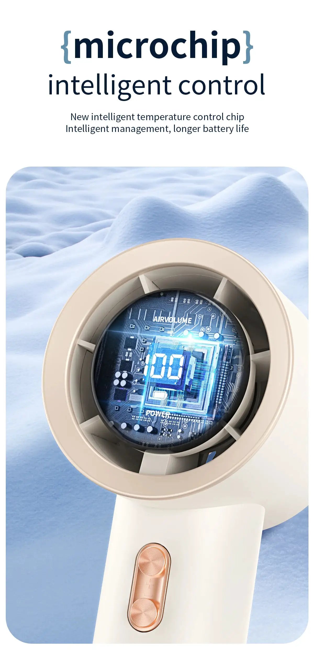 Beige handheld mini portable fan with six-fan design, rose-gold control switch and visible digital display