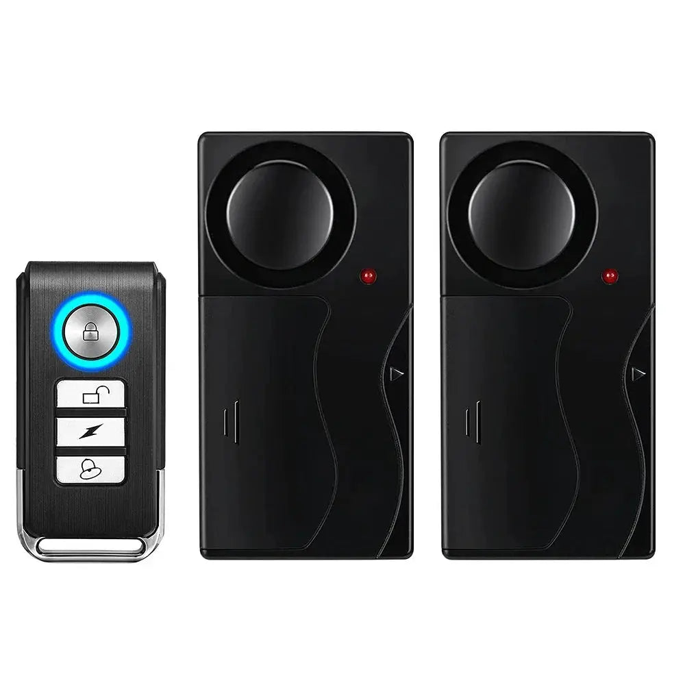 Simples Market wireless vibration door/window alarm system with two black sensors and a blue-ring remote.