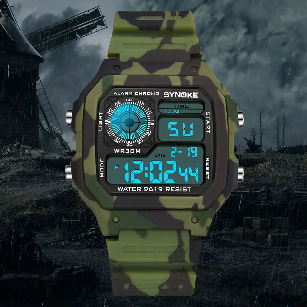 SYNOKE military digital watch for men with camo-green strap, water-resistant and luminous display