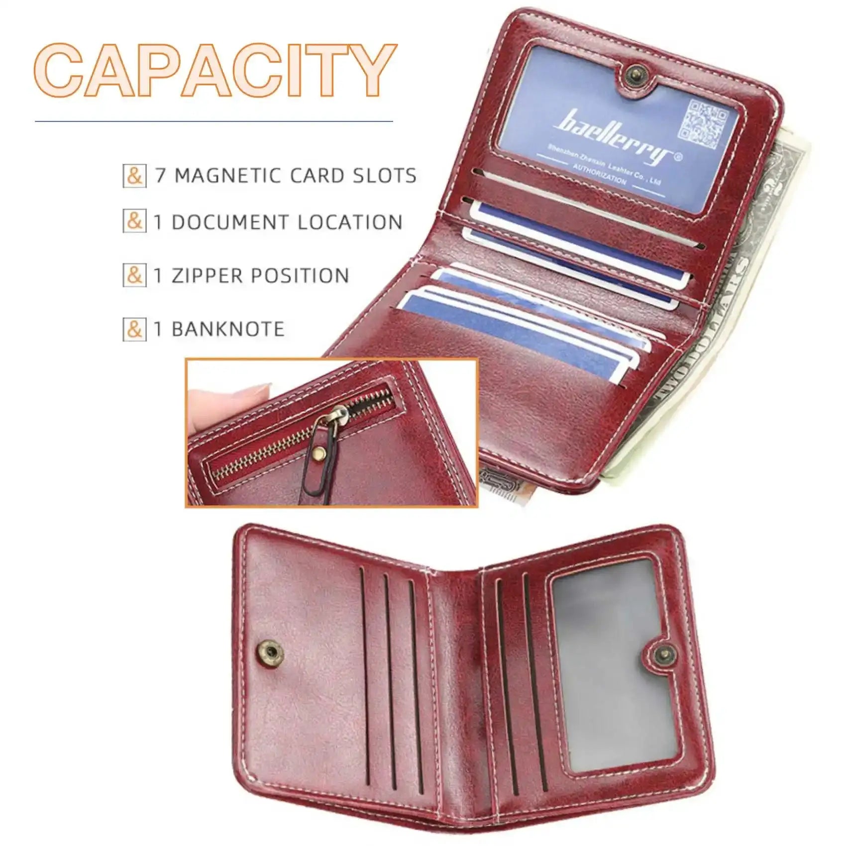 Women's red oil-waxed PU wallet with zipper, 7 card slots and ID window.
