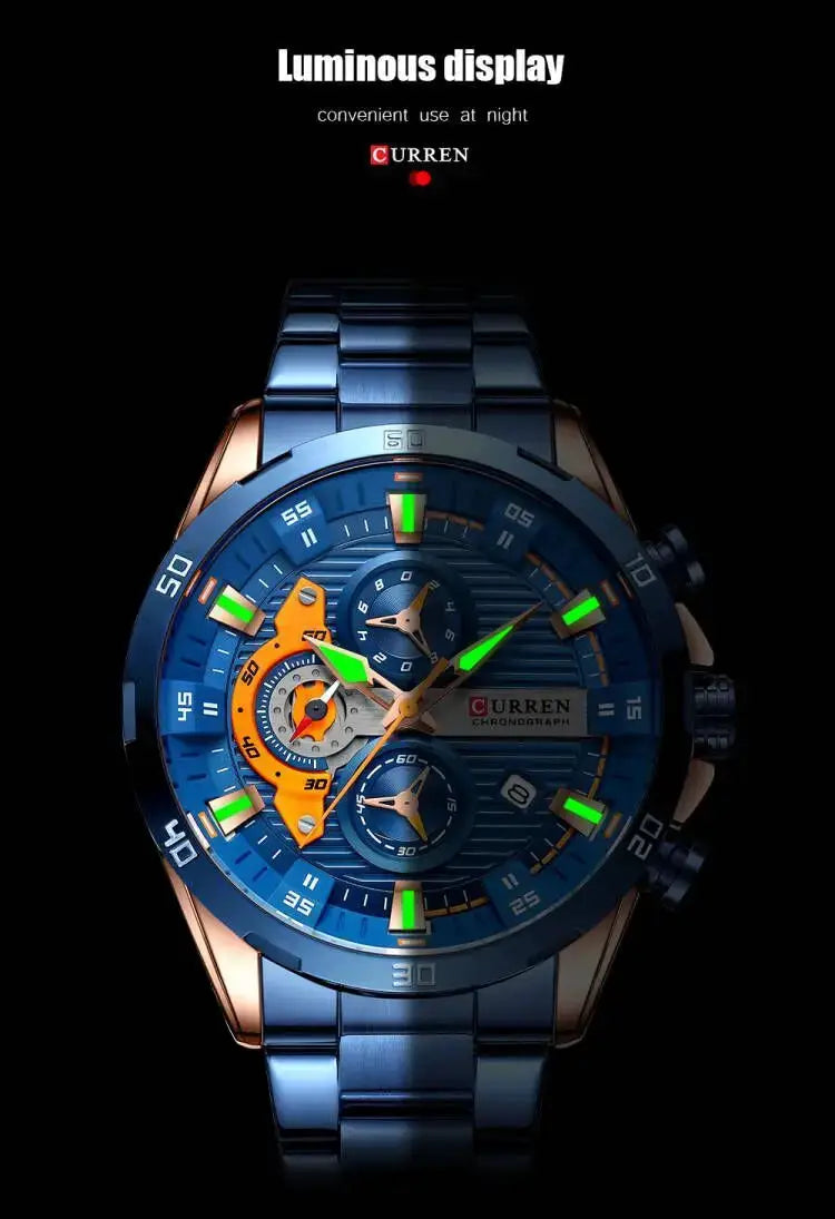 Curren 8402 men's stainless steel chronograph wristwatch with blue dial and luminous green hands